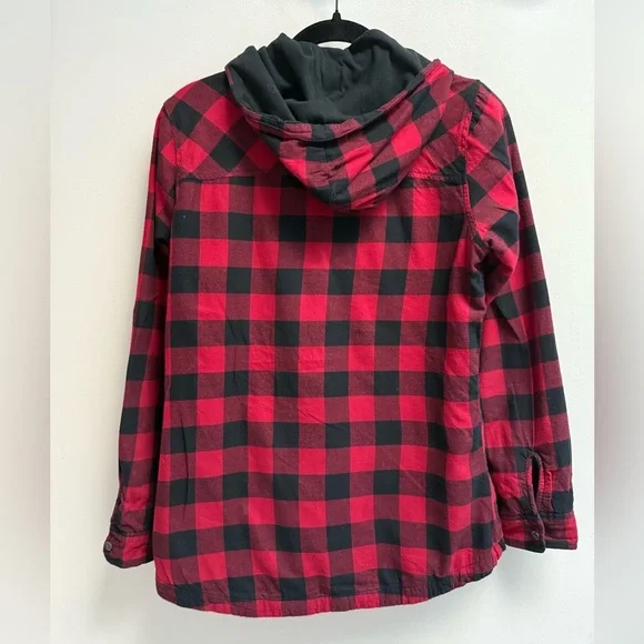 EDDIE BAUER Women’s Red Black Plaid Hooded Button Down Shirt Jacket - Size Small - Picture 4 of 8